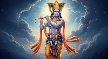 Lord Krishna 16:9 Desktop Wallpaper Background | HD Krishna Playing Flute | Krishna 4K Laptop Wallpaper | Spiritual Hindu God Krishna Wallpaper