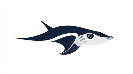 Obraz premium A stylized illustration of a pelagic shark, dark blue with a lighter underside and distinctive wing-like pectoral fins, swimming horizontally against a white background.