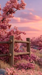 Gentle Blossoms and Rustic Fence: A Serene Landscape of Pink Flowers Against a Pastel Sky Background.