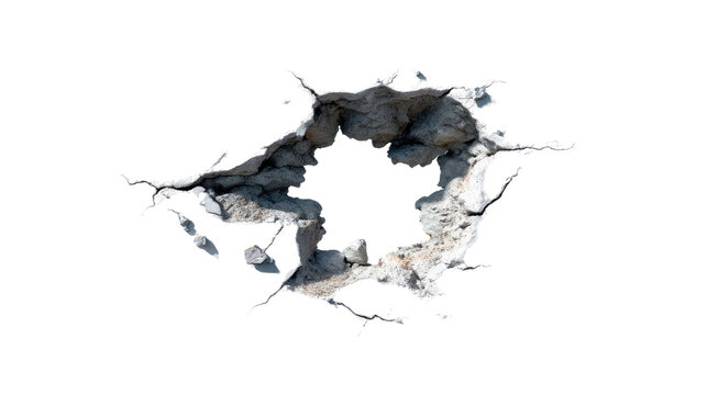 Breach in the Wall: A stark visual of a bullet hole, showcasing the impact and damage with cracked concrete fragments, perfect for conveying themes of destruction or breaches.