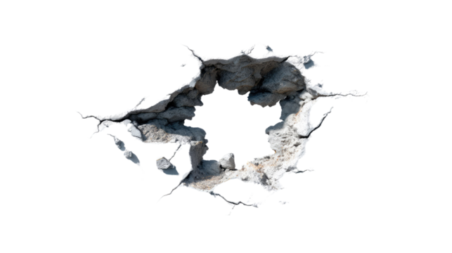 Breach in the Wall: A stark visual of a bullet hole, showcasing the impact and damage with cracked concrete fragments, perfect for conveying themes of destruction or breaches.
