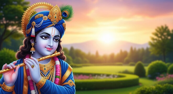 Lord Krishna 16:9 Desktop Wallpaper Background | HD Krishna Playing Flute | Krishna 4K Laptop Wallpaper | Spiritual Hindu God Krishna Wallpaper