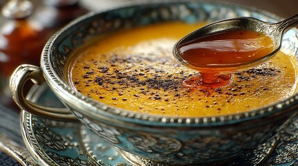 Golden dessert in a decorative bowl being drizzled with syrup from a spoon, a luxurious treat.