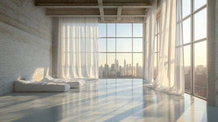 Fototapeta premium Spacious loft bedroom with city views and natural light.