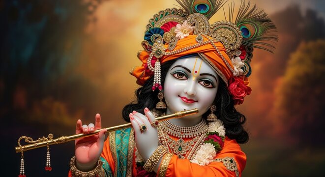 Lord Krishna 16:9 Desktop Wallpaper Background | HD Krishna Playing Flute | Krishna 4K Laptop Wallpaper | Spiritual Hindu God Krishna Wallpaper