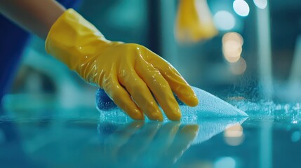 Close-up of cleaning staff using eco-friendly cleaner on glass surface
