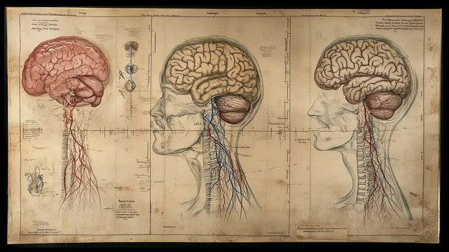 Detailed anatomical illustration of the human brain and nervous system with labeled features