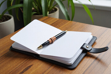open notebook with blank pages and a classic pen on a wooden office desk next to a houseplant, creating a scene for journaling, planning, writing, or starting a new project
