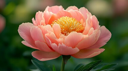 Vibrant peachy-pink peony flower in a garden setting.