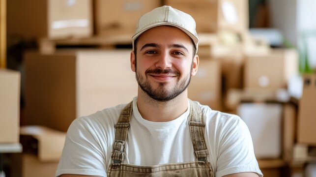 Young Loader in Cap and Overalls Smiling Against Light Neutral Background with Boxes