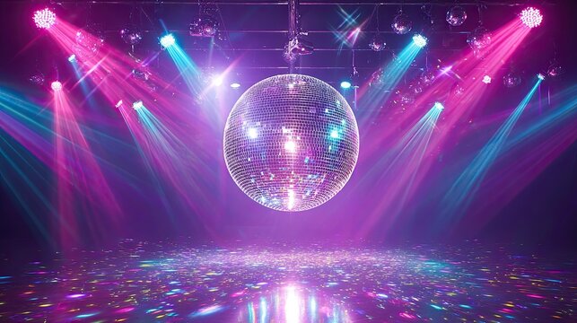 Shiny disco ball hanging in empty club with colorful lights and reflections on dance floor at night