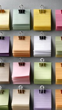 Colorful sticky notes organized with clips on a wall display unique ways to enhance productivity and creativity at work or study