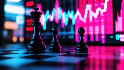 Black chess pieces on a board, stock market charts in the background