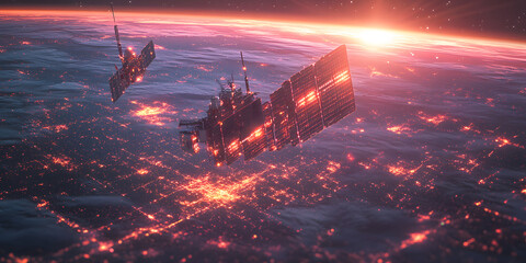 Ethereal Signal Horizons Next-Gen Satellite Communications Infrastructure Visualizing Geospatial Intelligence and Emerging Tech Convergence at Twilight Moment
