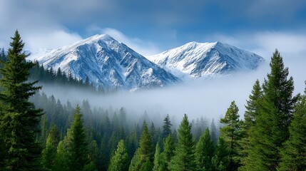 Majestic Mountain Landscape With Snow-Capped Peaks Surrounded By Misty Pine Forest Under Dramatic Sky