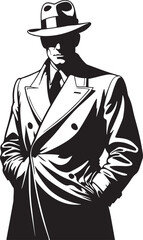 A stylish illustration depicting a sophisticated man in a trench coat and fedora hat standing in silhouette