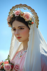 Blessed Virgin Mary holding pink roses, serene expression
