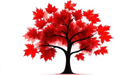 Stylized illustration of a crimson maple tree against a white backdrop, showcasing a blend of watercolor and graphic design techniques, with dark branches and a subtle shadow beneath