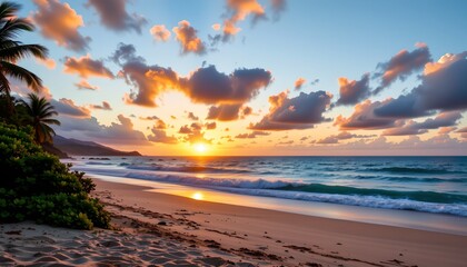 a serene beach scene at sunrise. the sky is awash with warm hues from the rising sun, casting a soft glow over the tranquil ocean