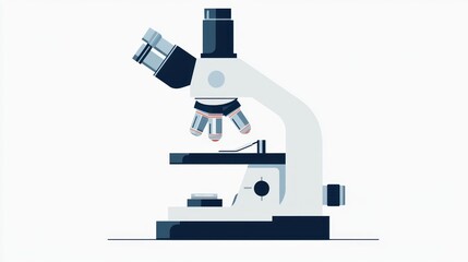 A stylized illustration of a compound light microscope, predominantly white and dark blue, set against a plain white background; showcasing 