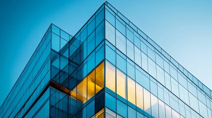 Modern glass structure against a clear sky, showcasing  architecture.