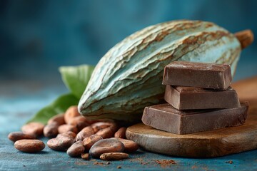 Cocoa pod, dry beans, and chocolate bars on a dark surface, ingredients for sweet desserts and treats