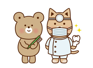 Fototapeta premium 歯ブラシを持つくまと歯医者の犬のかわいいイラスト