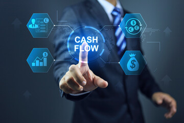 Cash flow concept with businessman pointing on virtual finance icon to show financial agility and efficient investment