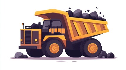 A large yellow dump truck, filled with dark gray rocks, is shown in a three-quarter view, slightly angled to the left, 