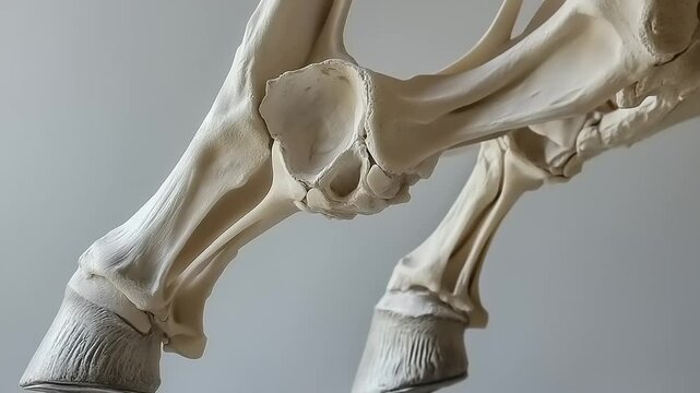 Detailed view of horse leg bones showcasing anatomical structure against a neutral background