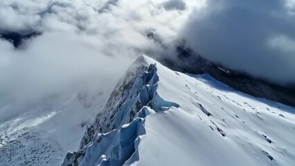 Aerial view of a sharp snow-covered mountain ridge cutting through the dramatic sky
- Powered by Adobe