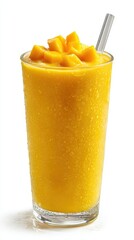 Mango smoothie, rich golden yellow color, smooth and creamy texture. The smoothie surface is glossy with a few fresh mango cubes on top as garnish. 