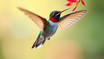 A vibrant hummingbird in flight, wings outstretched, approaching a delicate bloom; a moment of natural beauty captured in exquisite detail.