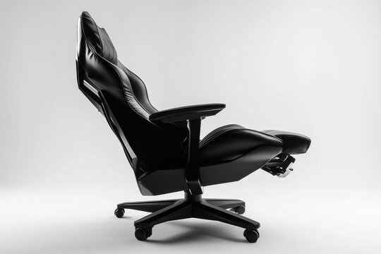 black leather office chair with wheels standing empty in contemporary line, designed for comfortable business work and play