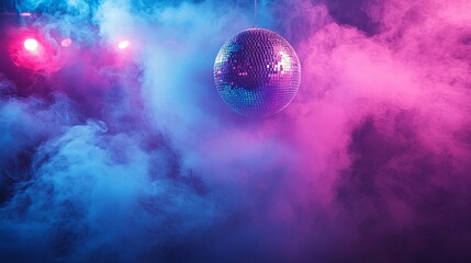 A vibrant disco ball illuminated by vibrant neon lights in smoky atmosphere.