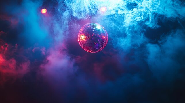 Vibrant, reflective disco ball suspended amidst swirling smoke and neon lights.