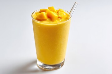Mango smoothie, rich golden yellow color, smooth and creamy texture. The smoothie surface is glossy with a few fresh mango cubes on top as garnish. 