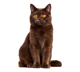A British Shorthair cat with chocolate brown fur and orange eyes, sitting on the floor and looking at the camera against an isolated transparent background