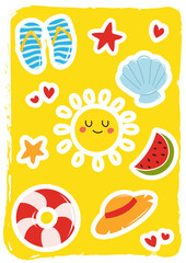 Summer vacation stickers. A collection of colorful summer themed stickers. The sun, watermelon, slates, inflatable circle, panama hat, shell, starfish, hearts. For printing. 