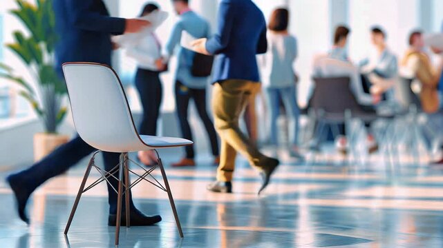 Illustration of single empty chair placed prominently in the center of the frame, with company employees positioned alongside.