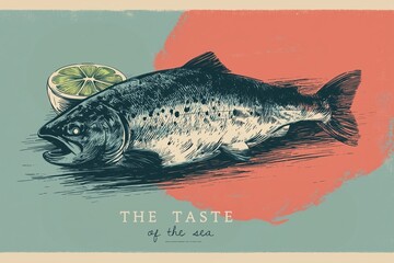 Illustration vintage saumon The taste of the sea, artwork pour impression t-shirt, poster, sticker, art wall, encadrement