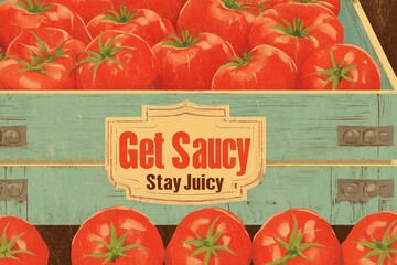 Illustration vintage Caisse de tomates - Get saucy Stay juicy, artwork pour impression t-shirt, poster, sticker, art wall, encadrements