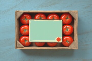 Caisse en bois contentant des tomates vue du dessus avec &eacute;tiquette vierge et emplacement pour texte