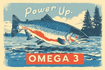 Illustration vintage saumon Power up Omega 3, artwork pour impression t-shirt, poster, sticker, art wall, encadrements