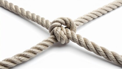 Obraz premium Intertwined Beige Ropes Forming a Strong Knot on White Background.