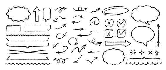 Cute Chalk Pencil Emphasis Squiggles Vector Set. Crayon Scribble Graffiti Arrows Frames Speech Bubbles Underlines. Hand Drawn Brush Texture Star Shapes Highlights. Pencil Childish Charcoal Doodles