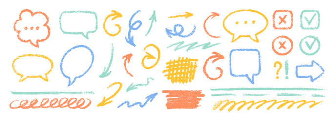 Cute Chalk Pencil Emphasis Squiggles Vector Set. Crayon Scribble Graffiti Arrows Frames Speech Bubbles Underlines. Hand Drawn Brush Texture Star Shapes Highlights. Pencil Childish Charcoal Doodles