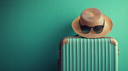 Teal suitcase topped with a straw hat and sunglasses, ready for travel.