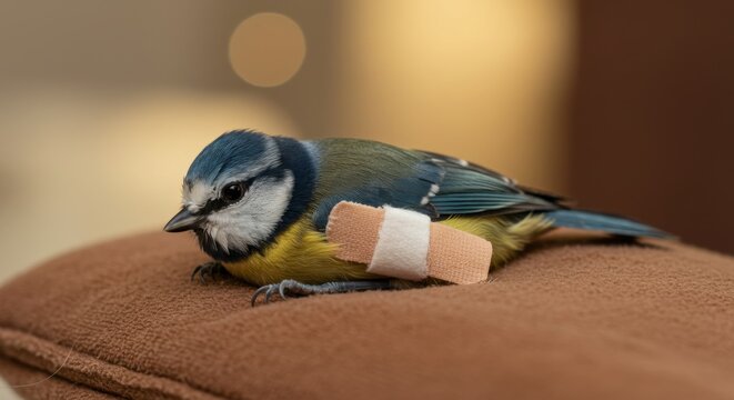 Injured bird resting on soft surface with bandage on wing  