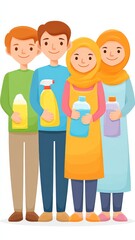 Group of Muslim Teenagers Holding Cleaning Supplies and Preparing to Clean a Mosque